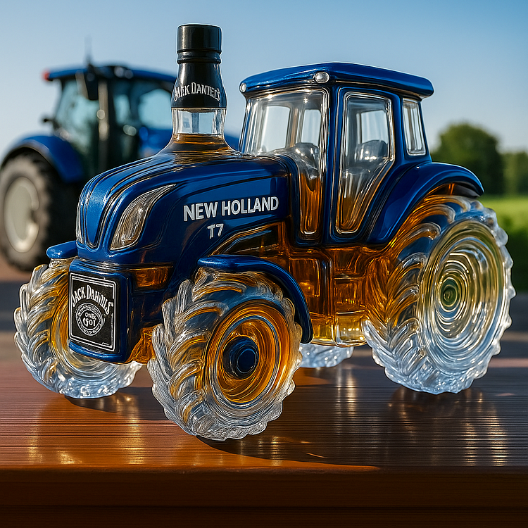 Handgefertigte Whiskykaraffe in Form eines New Holland T7 Traktors