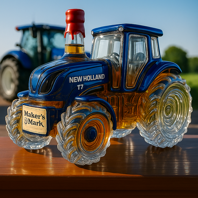 Handgefertigte Whiskykaraffe in Form eines New Holland T7 Traktors