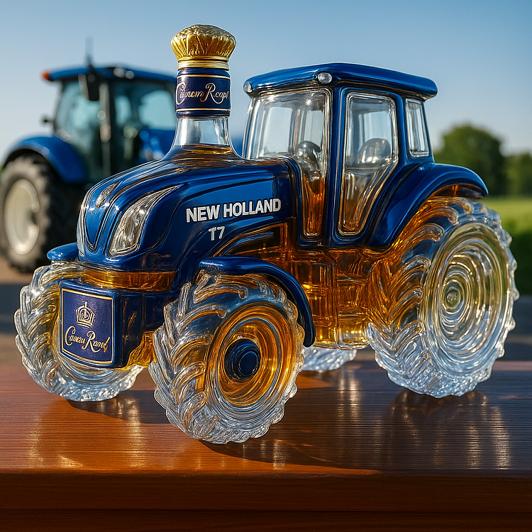 Handgefertigte Whiskykaraffe in Form eines New Holland T7 Traktors