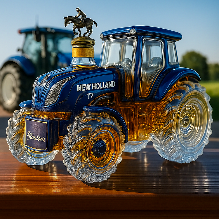 Handgefertigte Whiskykaraffe in Form eines New Holland T7 Traktors